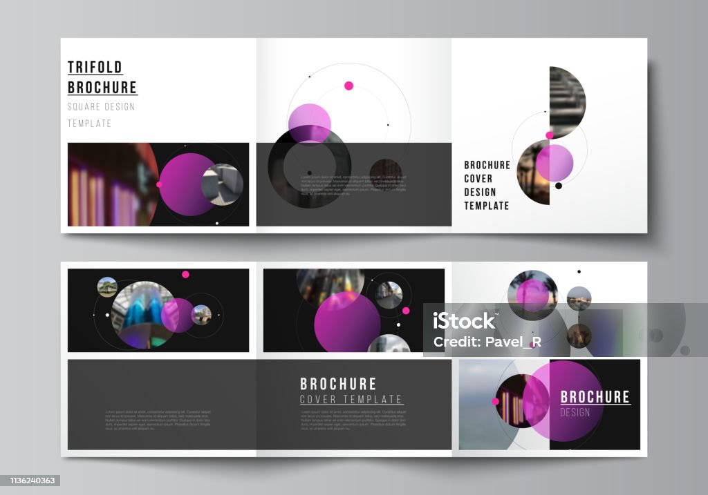 Vector layout of square format covers design templates for trifold brochure, flyer. Simple design futuristic concept. Creative background with pink circles and round shapes that form planets and stars Vector layout of square format covers design templates for trifold brochure, flyer. Simple design futuristic concept. Creative background with pink circles and round shapes that form planets and stars. Horizontal stock vector