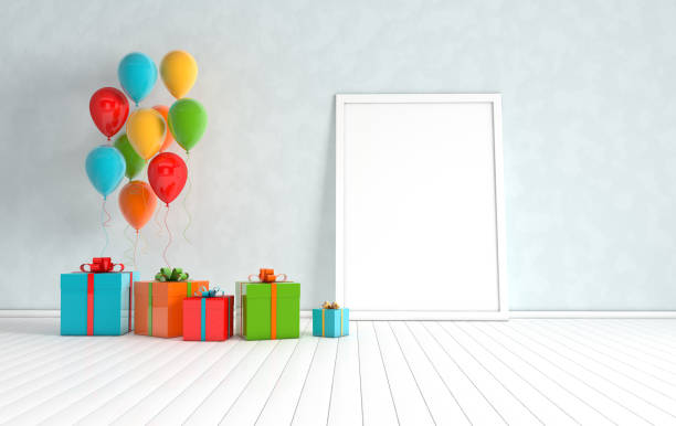 istock 3d render interior with realistic colorful balloons, gift box with ribbon mock up poster in the room. Empty space for party, promotion social media banners, posters. 1136242429