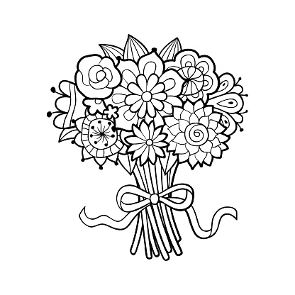 Flower bouquet decorated with bow. Black and white outline vector illustration, isolated on white. Antistress coloring page for adults