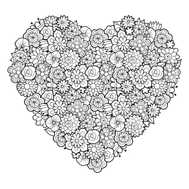 Heart with flowers Big decorative heart with floral ornament. Black and white vector illustration. Antistress coloring page for adults black and white heart stock illustrations
