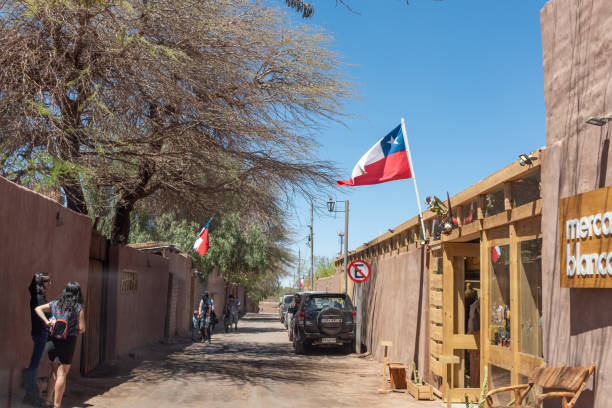 Antofagasta Region, Chile - September 29, 2018: Vilama is the main Street of San Pedro de Atacama, Chile.There are many hotel, hostels, tourism agency, beside on the street.