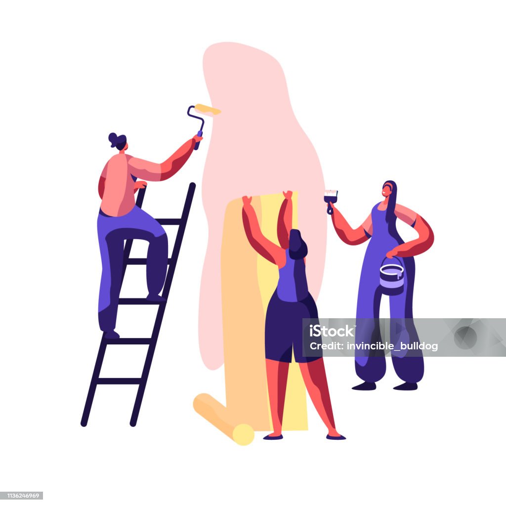 Repair Service Professional Worker For Renovation Work Workman Smear Wall  Glue With Brush Woman Glues Wallpaper Home Craftsman On Ladder Hold Paint  Roller In Hand Flat Cartoon Vector Illustration Stock Illustration -