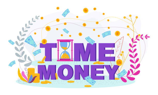 ilustraciones, imágenes clip art, dibujos animados e iconos de stock de el tiempo es el concepto flat vector con reloj de arena. - time savings currency pig