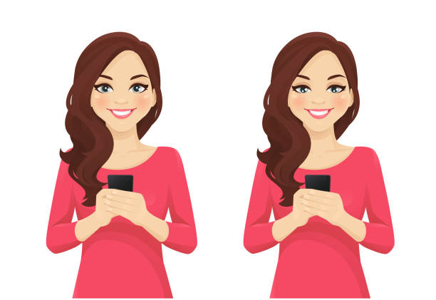 Woman with phone Beautiful wave hairstyle woman holding mobile phone in hand isolated vector illustration girl texting on phone stock illustrations
