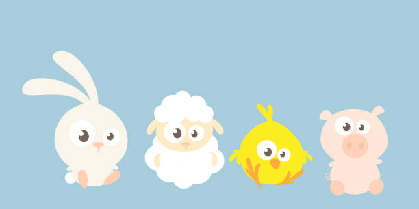 niedliche baby-nutztierfreunde-hase lammhuhn und schwein - animal young bird baby chicken chicken stock-grafiken, -clipart, -cartoons und -symbole