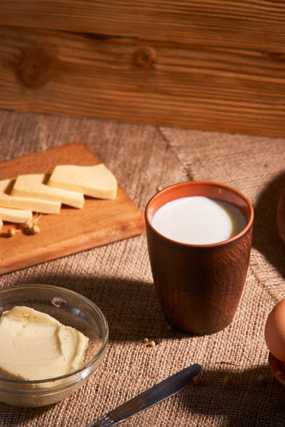 istock Assorted dairy products milk, cheese, butter rustic still life on table 1136253657