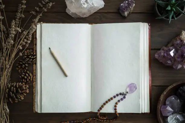 Open leatherbound notebook or journal surrounded by crystals plants and foliage