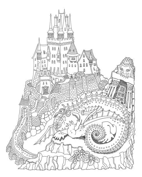 Vector illustration of Vector humorous cartoon fairy tale landscape with medieval castle funny fat dragon. Hand drawn black and white doodle sketch. Tee shirt fantasy print. Adults and children coloring book page