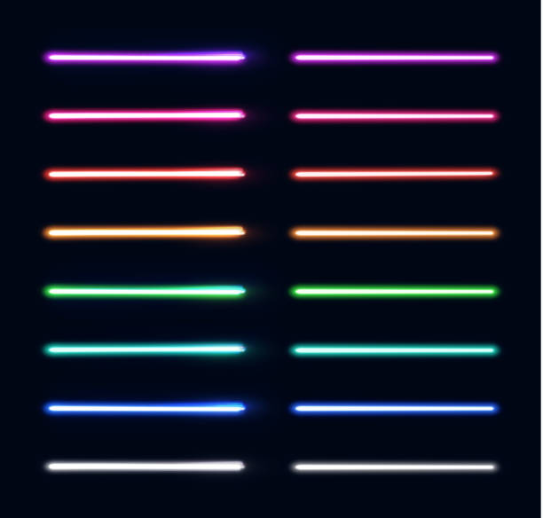 네온 라이트 튜브 세트입니다. 다채로운 빛나는 줄무늬 컬렉션은 어두운 파란색 배경에 고립. 게임 디자인을 위한 빛나는 요소. 미래의 벡터 일러스트입니다. eps 10 - bar stock illustrations