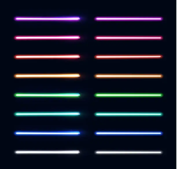 Vector illustration of Neon light tubes set. Colorful glowing stripes collection isolated on dark blue background. Luminous elements for game design. Futuristic vector illustration. EPS 10