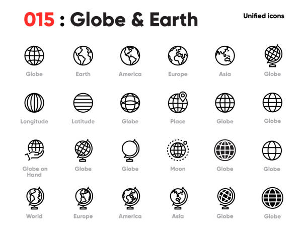 Set of Globe Line Unified Icons. Includes World, Earth, Planet, Europe, Asia, America and other. Editable Stroke. Set of Globe Line Unified Icons. Includes World, Earth, Planet, Europe, Asia, America and other. Pixel Perfect. Editable Stroke. physical geography illustrations stock illustrations