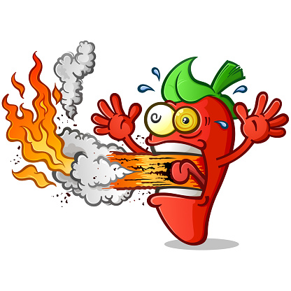 A red hot pepper character that has eaten something so hot and spicy that his mouth is erupting hellish fire