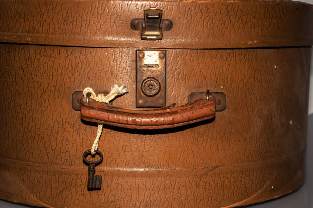Handle and lock of old retro travel bag close-up