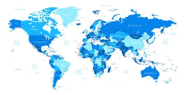 Vector illustration of World Map - borders, countries and cities - vector illustration