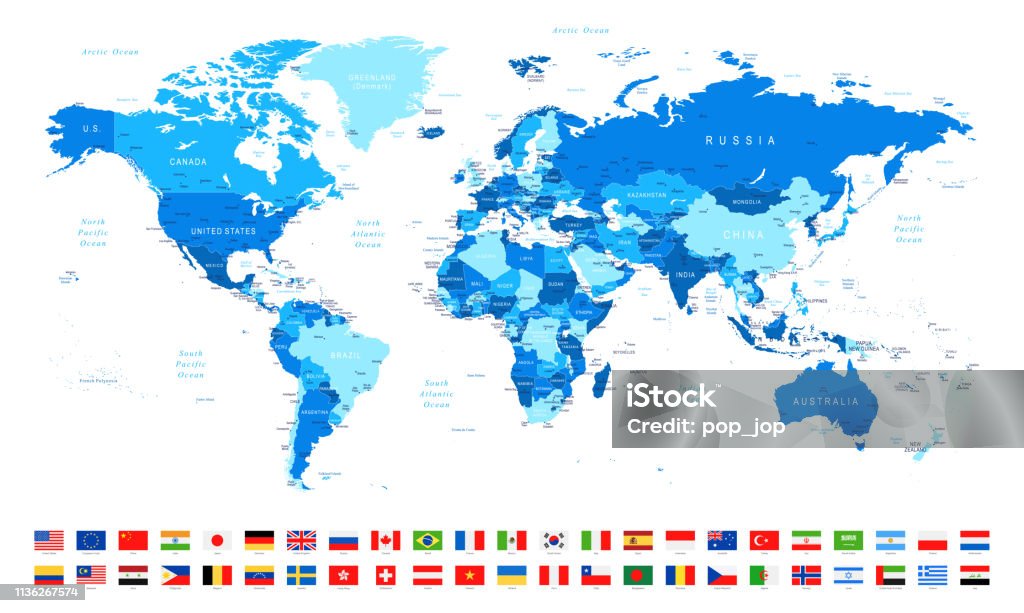 World Map and Most Popular Flags - borders, countries and cities - vector illustration Flag stock vector