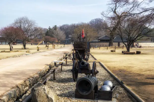 old traditional Joseon dynasty korean cannons on display in Haemieupseong Fortress, South Korea