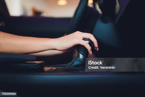 Female Hand On Automatic Transmission Lever Close Up Stock Photo - Download Image Now