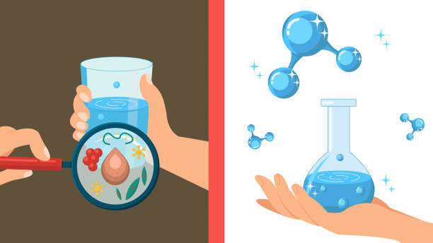 Pure and Dirty Water Color Vector Illustration Pure and Dirty Water Color Vector Illustration. Blue Clean Fluid with Bubbles. Hand Holding Glass. Microscopic Bacterium Flat Clipart. Microbes under Magnifier. Polluted and Purified Liquid h2o molecules clip art stock illustrations