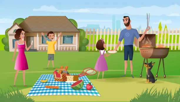 Vector illustration of Family picnic on country house yard cartoon vector