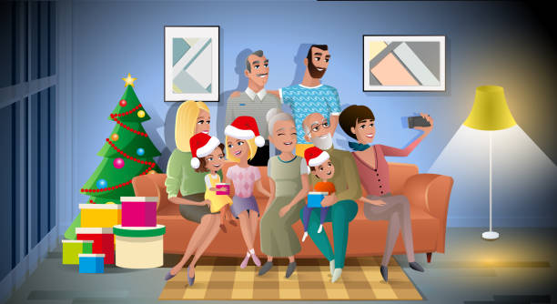 ilustrações de stock, clip art, desenhos animados e ícones de big family christmas party cartoon vector concept - grandparent grandfather humor grandchild