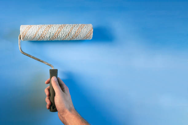 istock paint roller in male hand on blue background, copyspace 1136271216