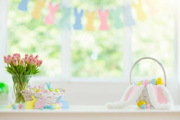 istock Easter home decoration. Eggs basket and bunny. 1136276744