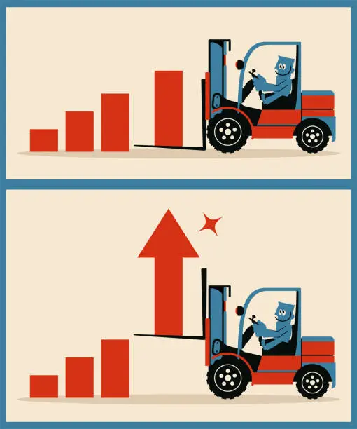 Vector illustration of Smiling construction worker (Businessman) driving a forklift and lifting a upward arrow sign