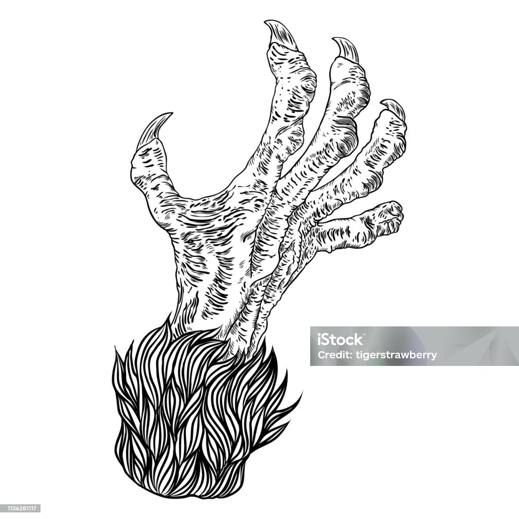 Engraving monster hand, zombie, werewolf, dragon or vampire palm hand with long nails in attack gesture. Vector. Vector. Fear stock vector