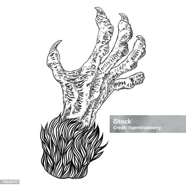 Engraving Monster Hand Zombie Werewolf Dragon Or Vampire Palm Hand With Long Nails In Attack Gesture Vector Stock Illustration - Download Image Now