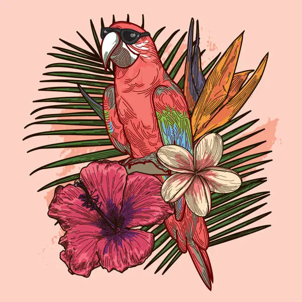 Vector illustration of Late 80s and early 90s style Super Rad Tropical Parrot with Sunglasses