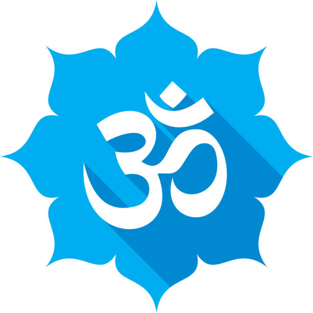 Om Icon Silhouette Flower Vector illustration of a blue om icon in flat style against a flower shaped background. om symbol stock illustrations