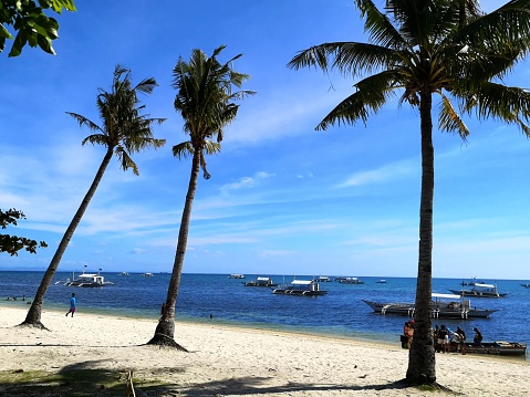 View between palm tree leaves at a couple on the beach, Drone aerial view at Koh Ngai island with palm trees and soft white sand, and a turqouse colored ocean in Koh Ngai Trang Thailand