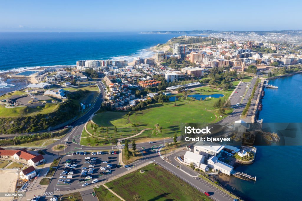 Newcastle CBD - NSW Australia - aerial view Aerial view of Newcastle NSW Australia. THis harbour side city is the second largest in NSW and is an important export harbour. Newcastle - New South Wales Stock Photo