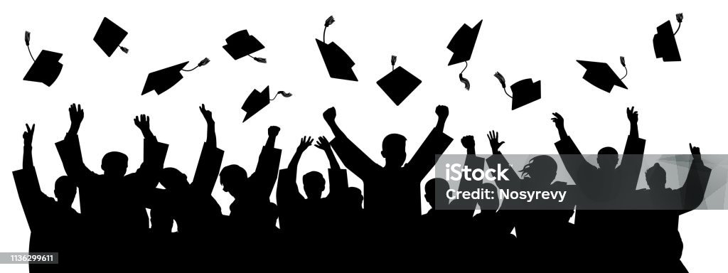 Graduates throwing cap. Silhouette high achievements. School student hat vector Graduation stock vector