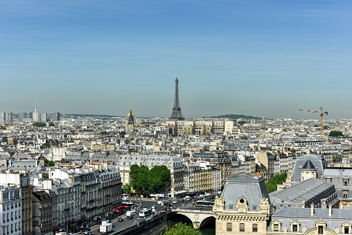 The Paris skyline from the Notre Dame de Paris, Cathedral in France.