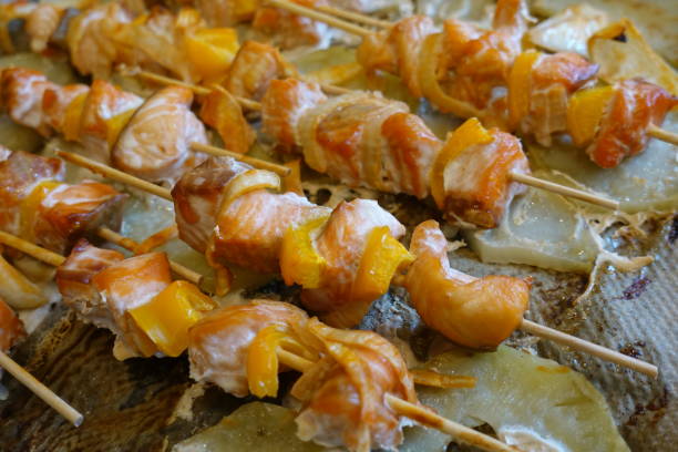 istock Delicious roasted salmon on skewers 1136305337
