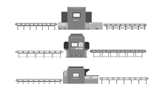 Conveyor with machine Automation industrial concept with set of control panels and conveyor belts vector illustration conveyor belt stock illustrations