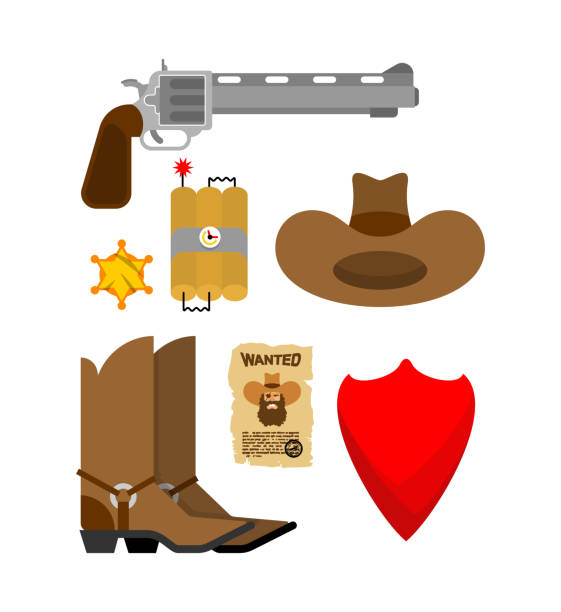istock Cowboy accessory set. hat and Boots. western icon. Wild west shoes and handkerchief. Gun and Sheriff Star. 1136307521