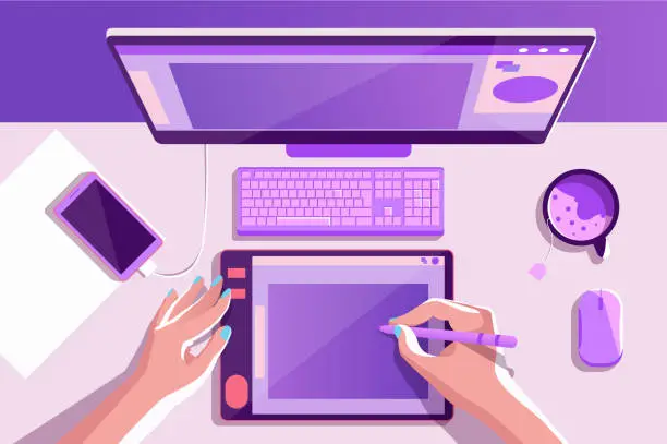 Vector illustration of Flat desktop top view with laptop, tea, illustrator hands, mobile phone.