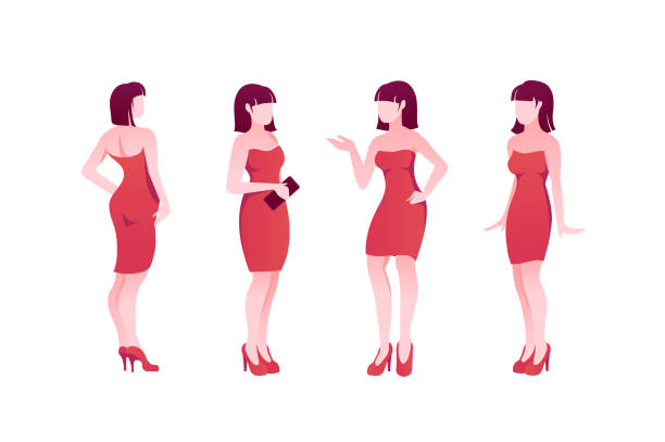 istock Flat poses set young woman character with red dress and shoes. 1136311626
