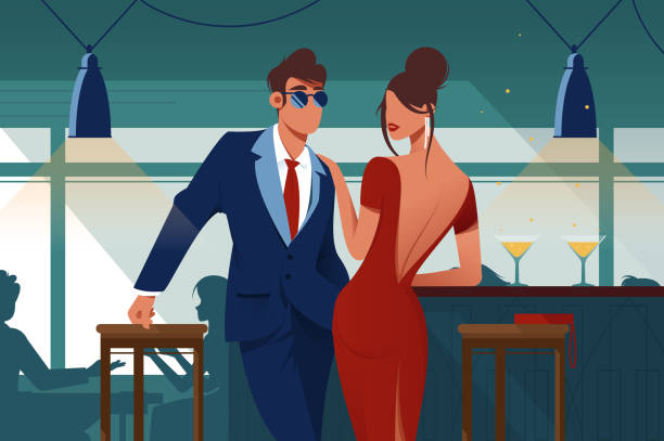 ilustrações de stock, clip art, desenhos animados e ícones de flat young romantic couple in restaurant on date. - bar women silhouette child
