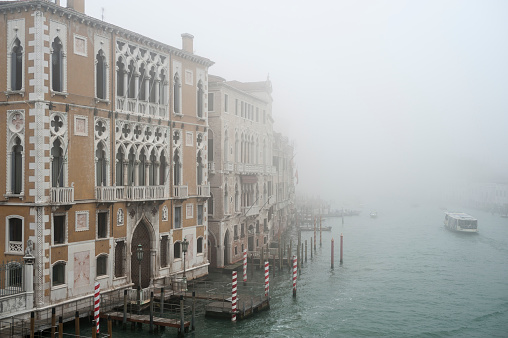 View from the Canal Grande Academy bridge in the fog in Venice
