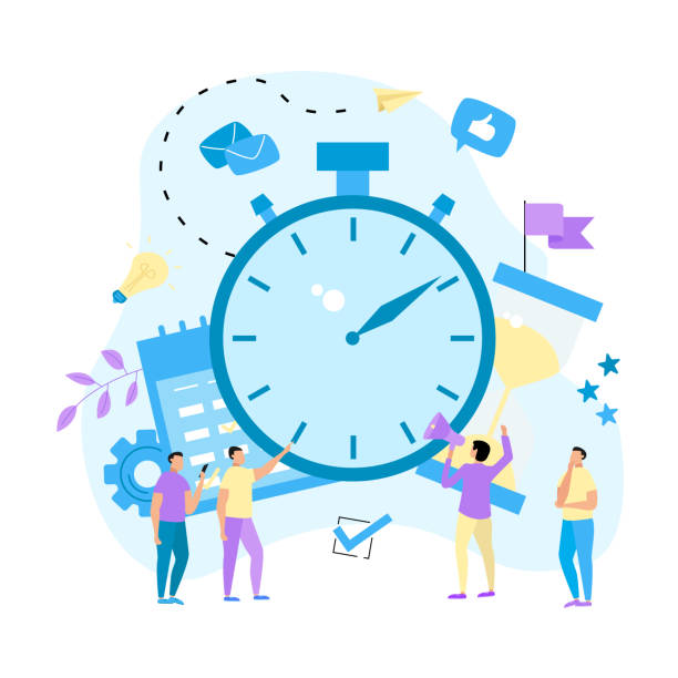 istock Vector illustration. Clock, calendar and hourglass. Concept of time management. with business icons 1136317997
