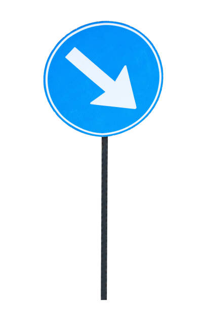 blue, circular right turn traffic sign - one way sign single object street imagens e fotografias de stock