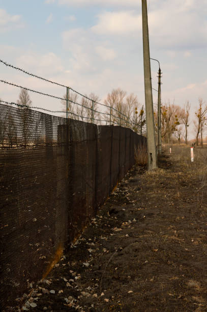 istock Barbed wire fence against a blue sky 1136324776
