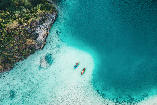 Scenic aerial view of two boats on sea near Koh Phi Phi, Thailand