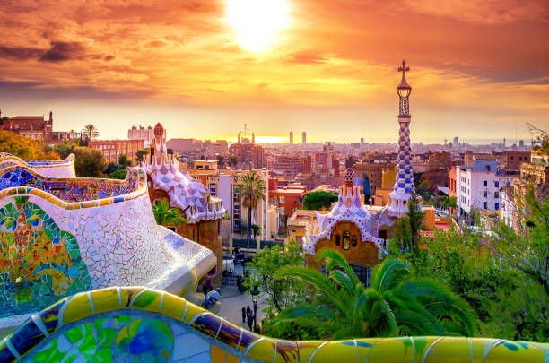 View of the city from Park Guell in Barcelona, Spain View of the city from Park Guell in Barcelona, Spain unesco world heritage site stock pictures, royalty-free photos & images