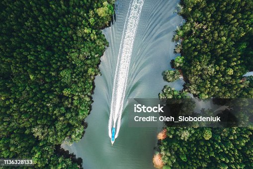 istock Scenic view of speedboat from above near the mangrove forest in Phang Nga 1136328133