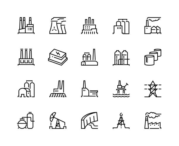 Factory line icons. Industry power, chemical manufacturing building warehouse nuclear energy plant. Industrial factories vector Factory line icons. Industry power, chemical manufacturing building warehouse nuclear energy plant. Industrial factories vector set dam stock illustrations
