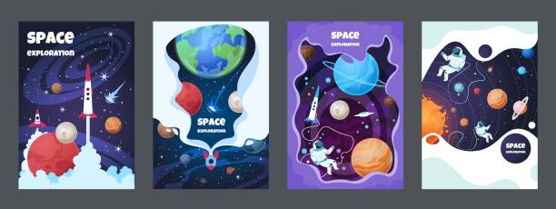 Cartoon space flyer. Universe galaxy banner planet science poster astronaut poster frame brochure cover design. Vector space concept Cartoon space flyer. Universe galaxy banner planet science poster astronaut poster frame brochure cover design. Vector space concept set astronaut patterns stock illustrations
